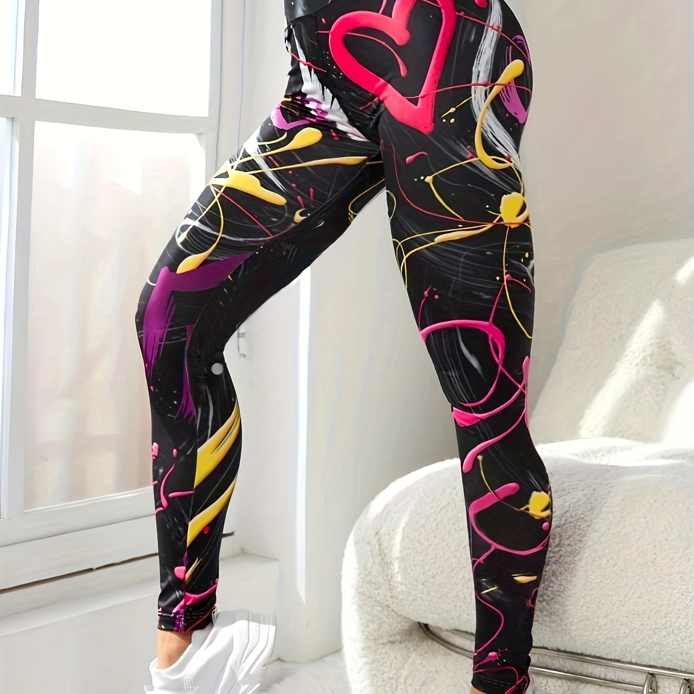 Heart Graffiti Print Yoga Leggings High Waist Stretchy Sports Tight Pants