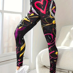 Heart Graffiti Print Yoga Leggings High Waist Stretchy Sports Tight Pants