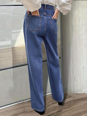 Patch Pockets Straight Jeans Loose Fit Non Stretch Denim Trousers