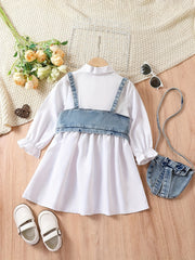 Girls' 3pcs Autumn Denim Vest Shirt Dress Set