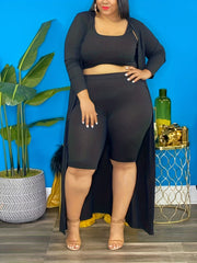 Ribbed Tank Crop Top & Shorts & Long Cardigan 3pcs Outfits Set