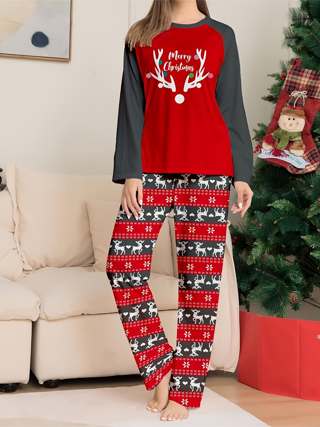 Christmas Pajama Set Women's Reindeer & Stripe Print Top & Pants
