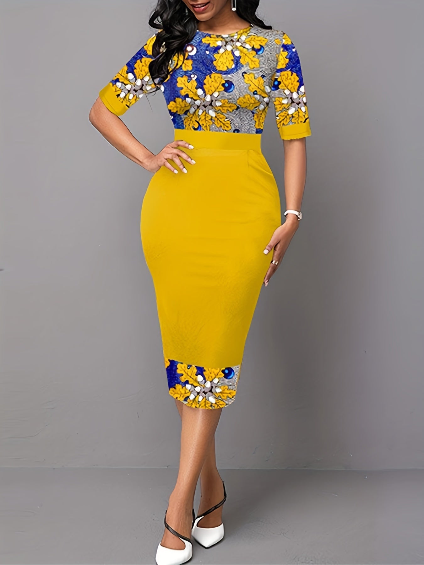Striped & Floral Bodycon Dress Short Sleeve Crew Neck Spring Summer