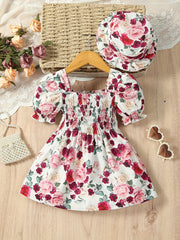 Girls Ruffle Trim Shirred Puffy Floral Dress for Toddler Baby