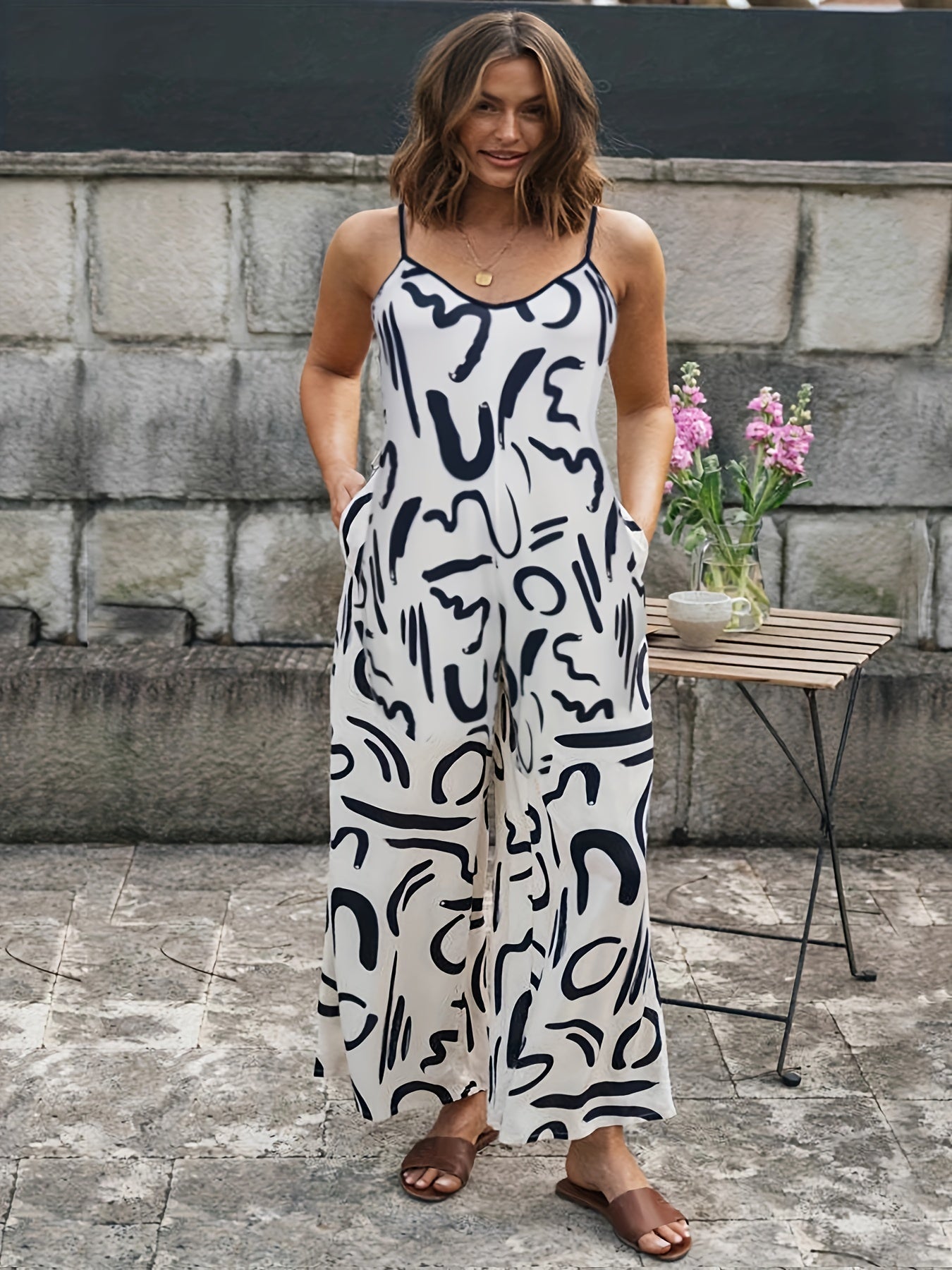 Graffiti Print Cami Jumpsuit Wide Leg With Pockets