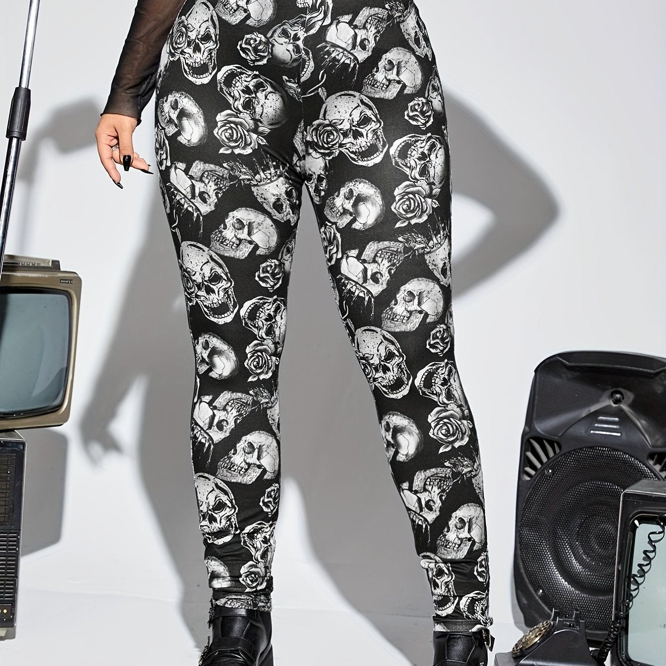 Floral Skull Print High Waist Sports Leggings