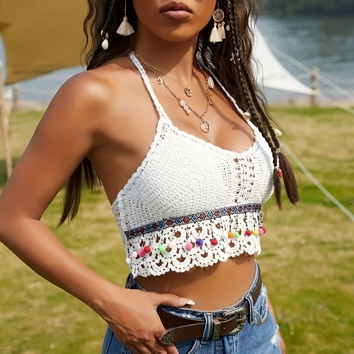 Crochet Halter Crop Top Tassel Lace Up Hollow Out Top
