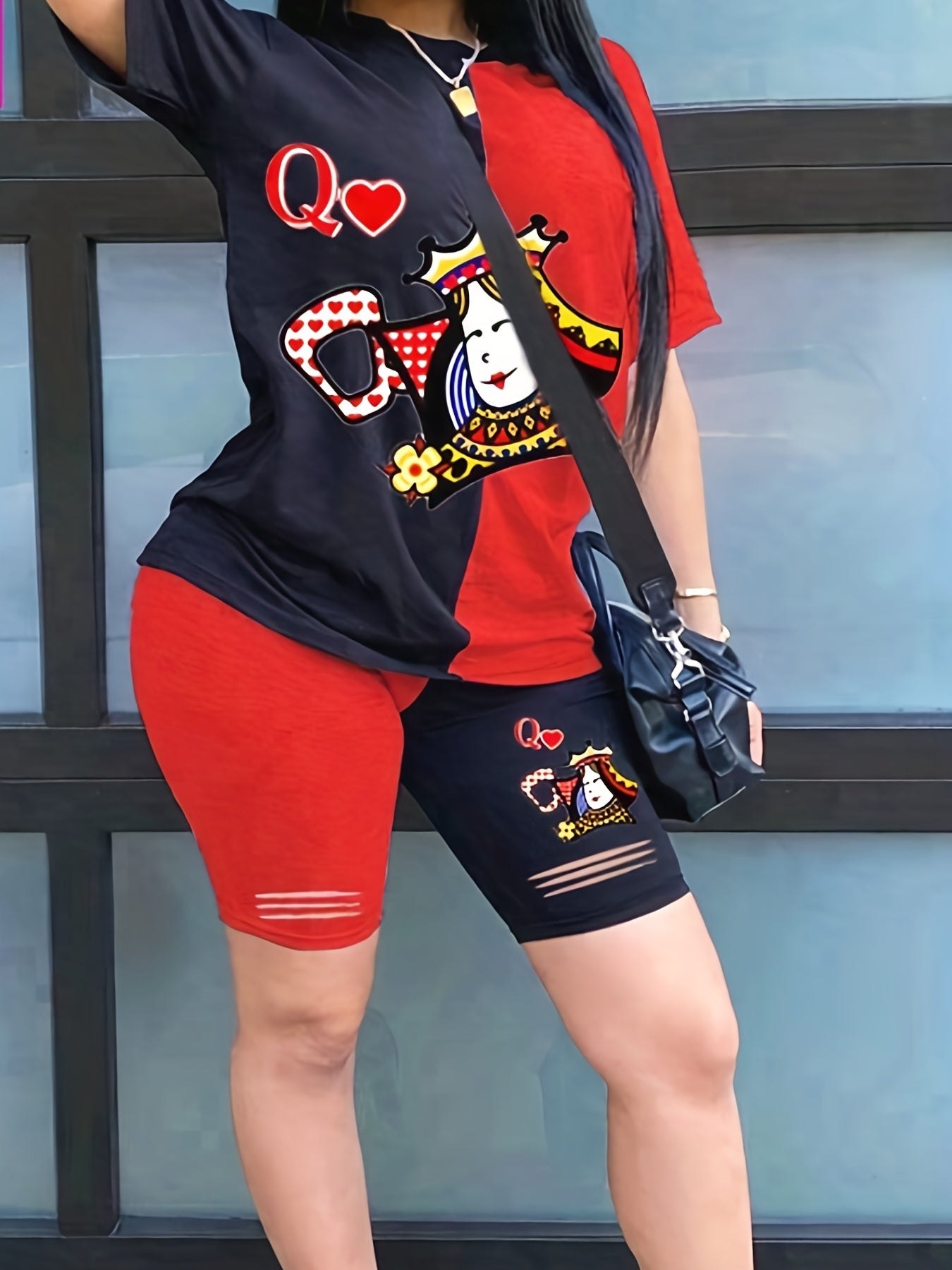 Women's Plus Size Colorblock Figure & Letter Print Tee & Shorts Set