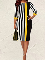 Striped Print Splicing 3/4 Sleeve Bodycon Dress Women's Clothing