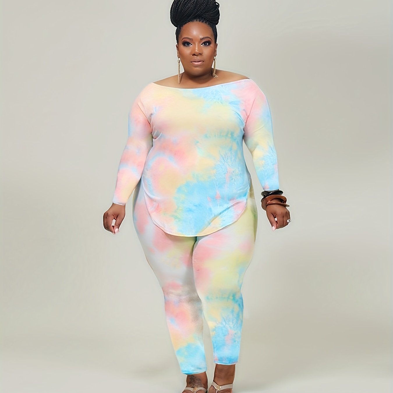 Tie Dye Long Sleeve Top & Pants Set Plus Size Medium Stretch 2pcs