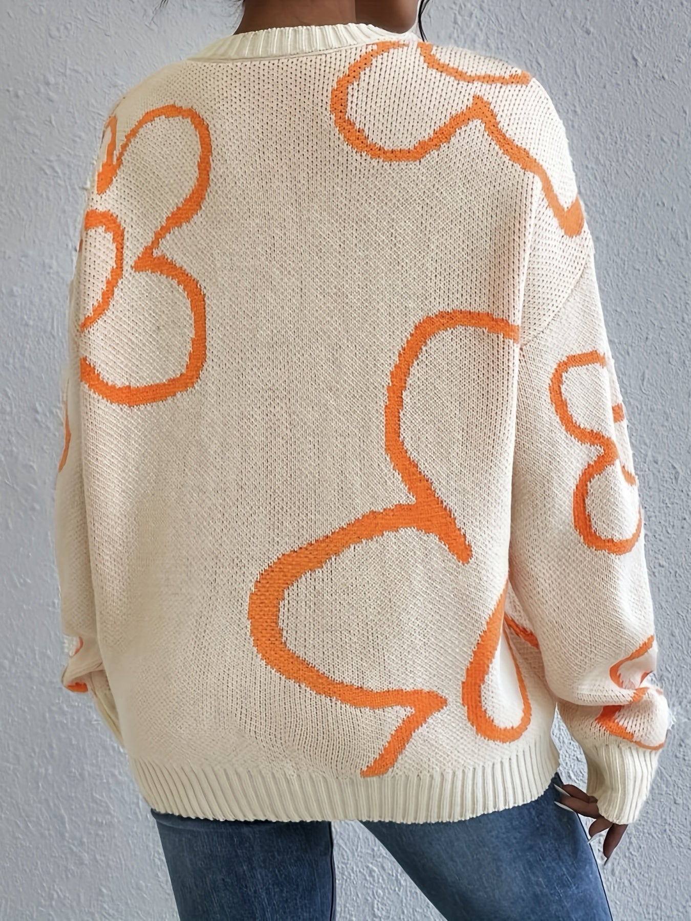 Flower Pattern Knitted Pullover Sweater Crew Neck Long Sleeve for Fall & Winter