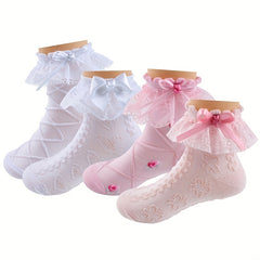 3 Pairs Girls Ruffle Lace Trims Bow Dance Socks Thin Crew Socks