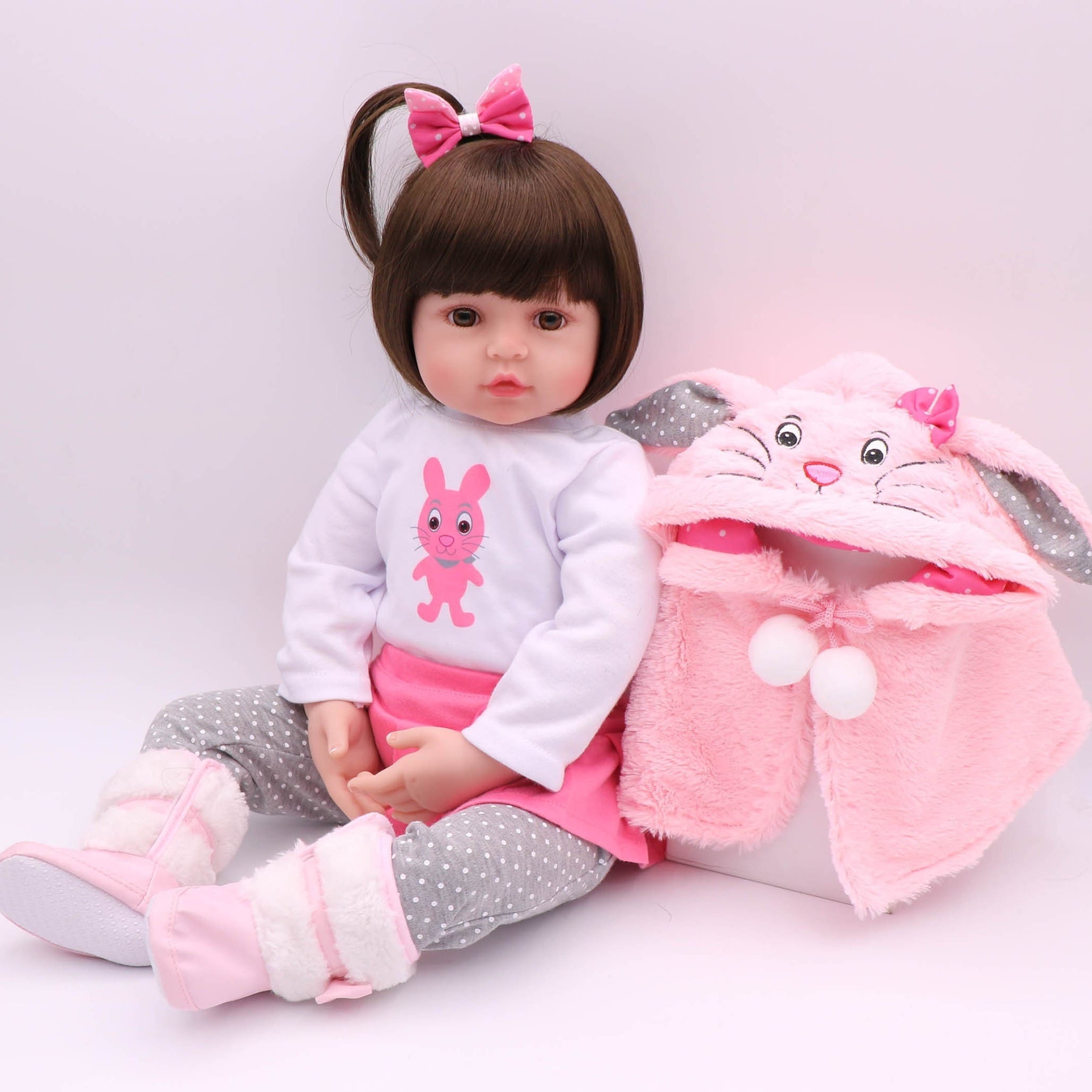 19" Soft Vinyl Reborn Baby Doll Glued Hairwig Pink Rabbit Outfit