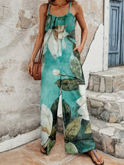 Boho Floral Wide Leg Jumpsuit Pocket Cami Summer