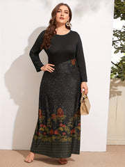 Women's Plus Floral Print Long Sleeve Maxi Dress