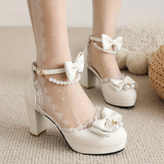 Mary Jane Bow Pearl Ankle Strap Block Heels Lolita Pumps