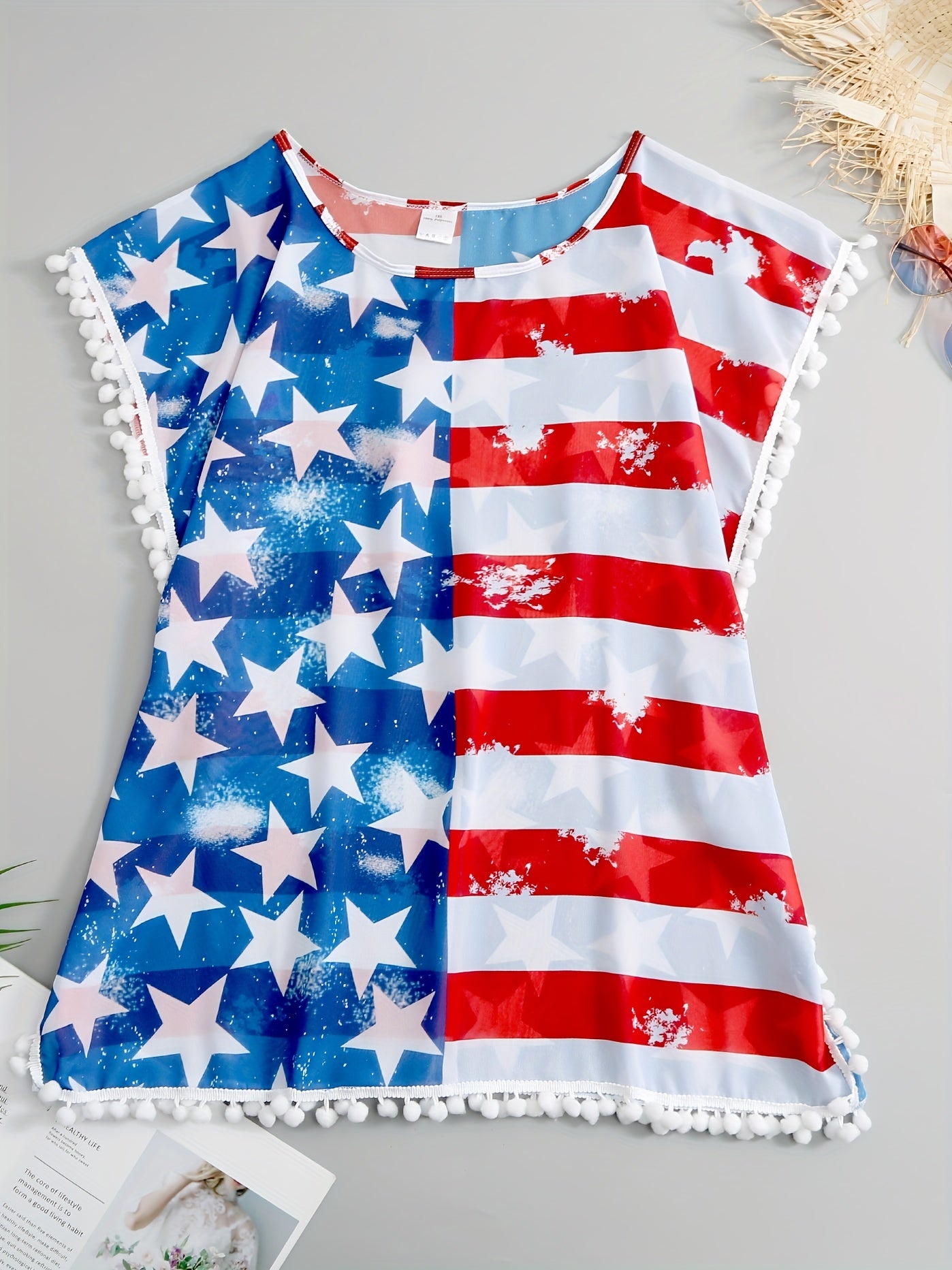 Flag Print Pompom Trim Cover Up for Plus Size