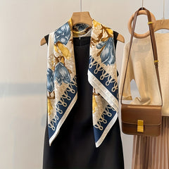 Magnolia Print Silk Satin Square Scarf Head Wrap Sunscreen Travel Beach Towel