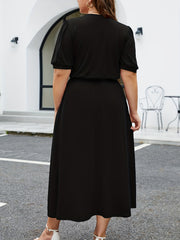 Contrast Lace Short Sleeve V Neck Belted Dress
