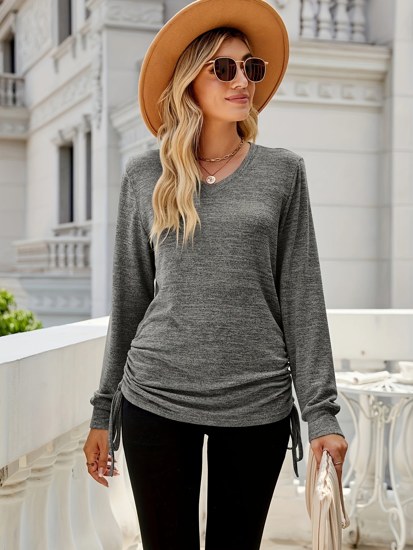 Casual Knit Top Women's Plus Solid Side Tie Ruched Long Sleeve