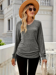 Casual Knit Top Women's Plus Solid Side Tie Ruched Long Sleeve