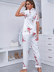 Floral Print Satin Pajama Set Short Sleeve Button Up Top & Pant