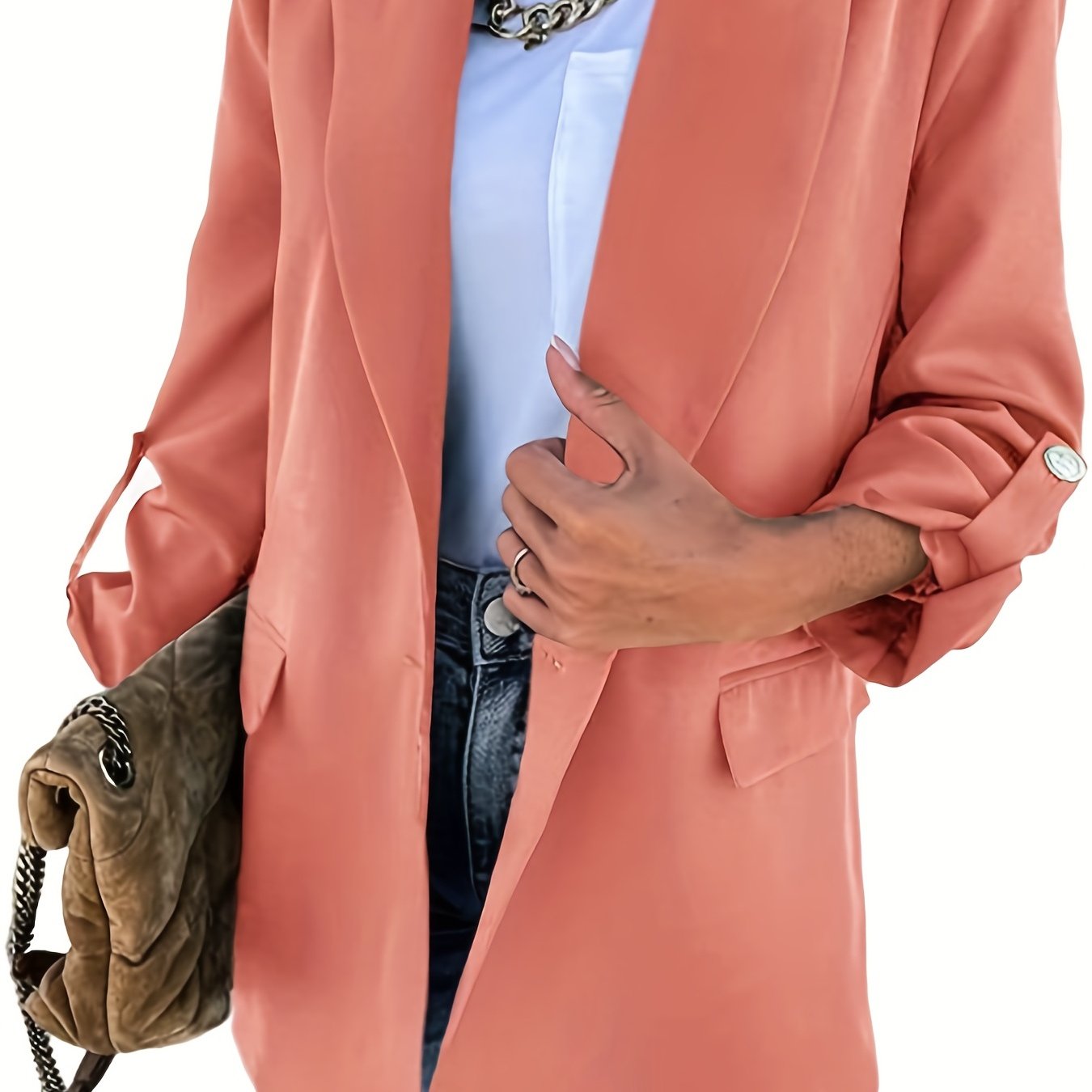 Solid Blazer Casual Roll Up Long Sleeve One Button Work Office Outerwear