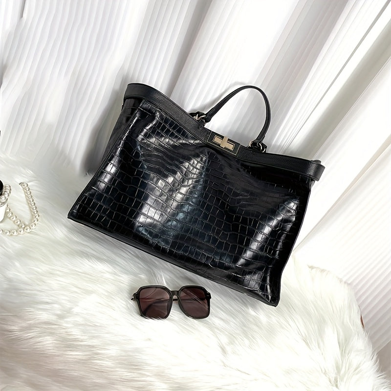 Crocodile Pattern Large Capacity Cowhide Shoulder Handbag