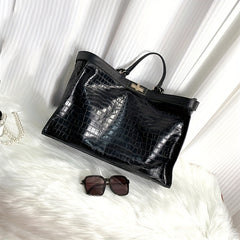 Crocodile Pattern Large Capacity Cowhide Shoulder Handbag