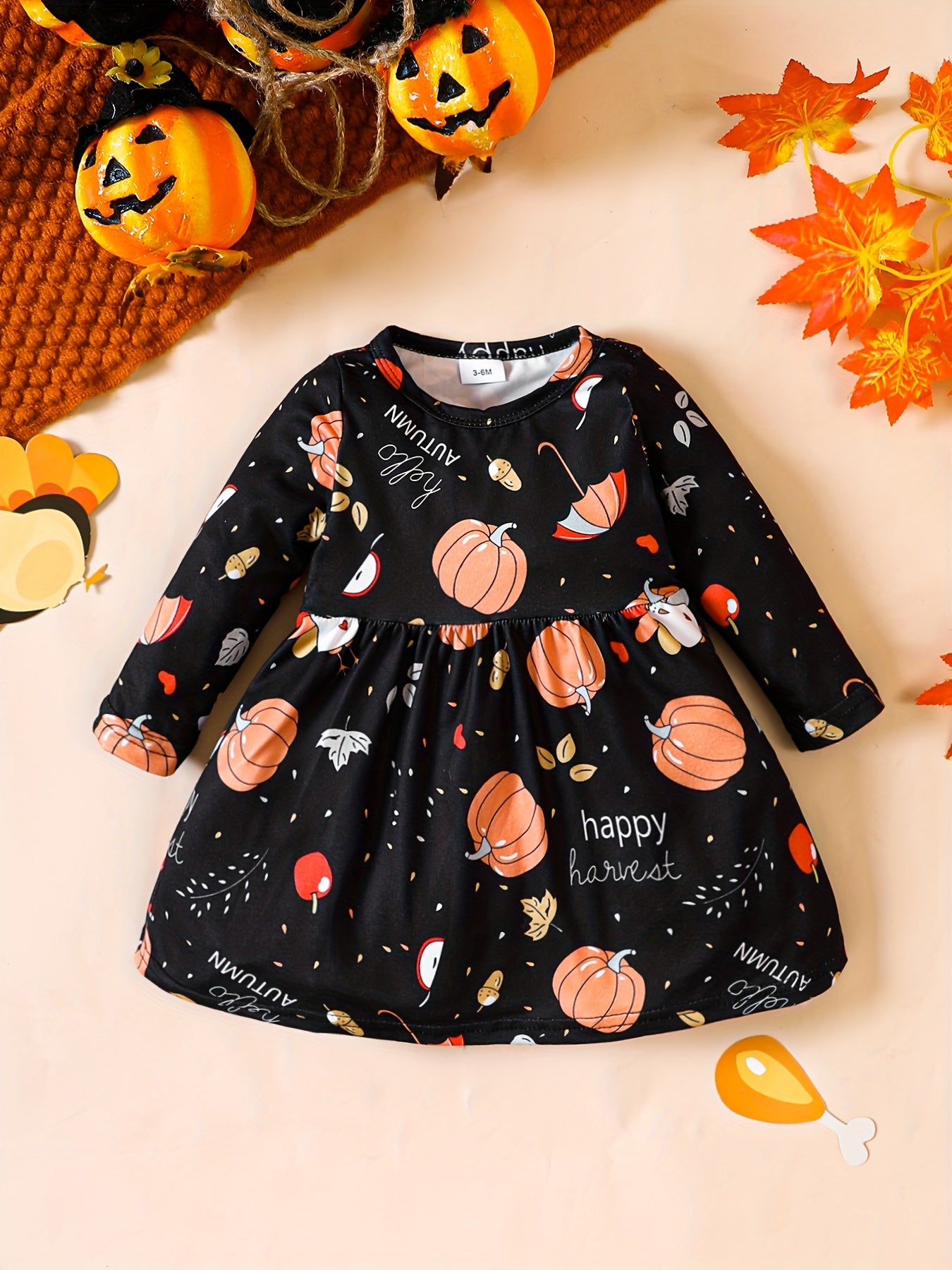 Baby Pumpkin Turkey Print Cut Dress