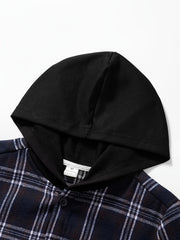 Boys Flannel Hooded Plaid Shirts Button Long Sleeve Tops