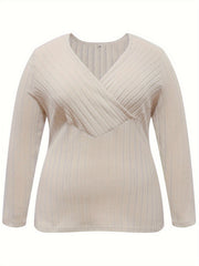 Casual Sweater Solid Ribbed Long Sleeve Surplice Neck Jumper