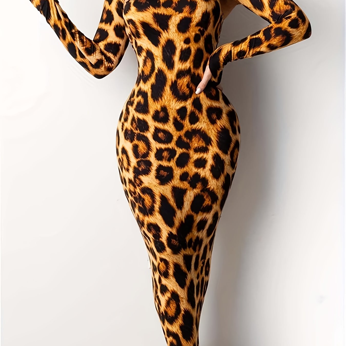 Leopard Print Sexy 2pc Set Mock Neck Crop Tops & Maxi