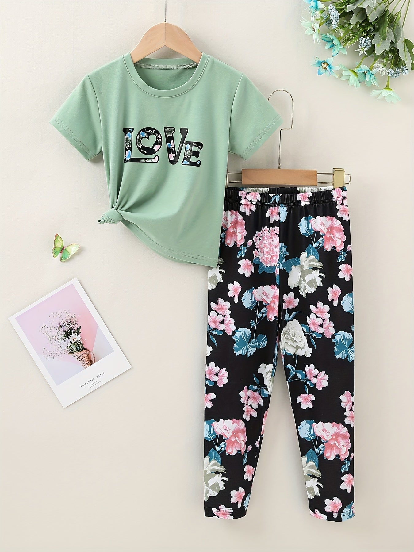 2pcs Toddler Girls LOVE And Floral T Shirt Top & Leggings Set