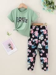 2pcs Toddler Girls LOVE And Floral T Shirt Top & Leggings Set