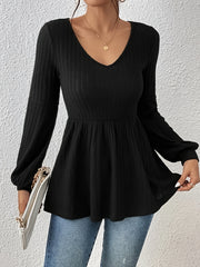 Solid Long Sleeve V Neck Knit Top Medium Stretch Sweater