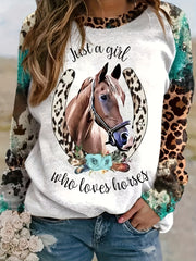 Horse & Letter Pattern Pullover Sweatshirt for Women