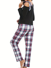 Plaid Print Lounge Set Off Shoulder Top & Pants Women's Loungewear