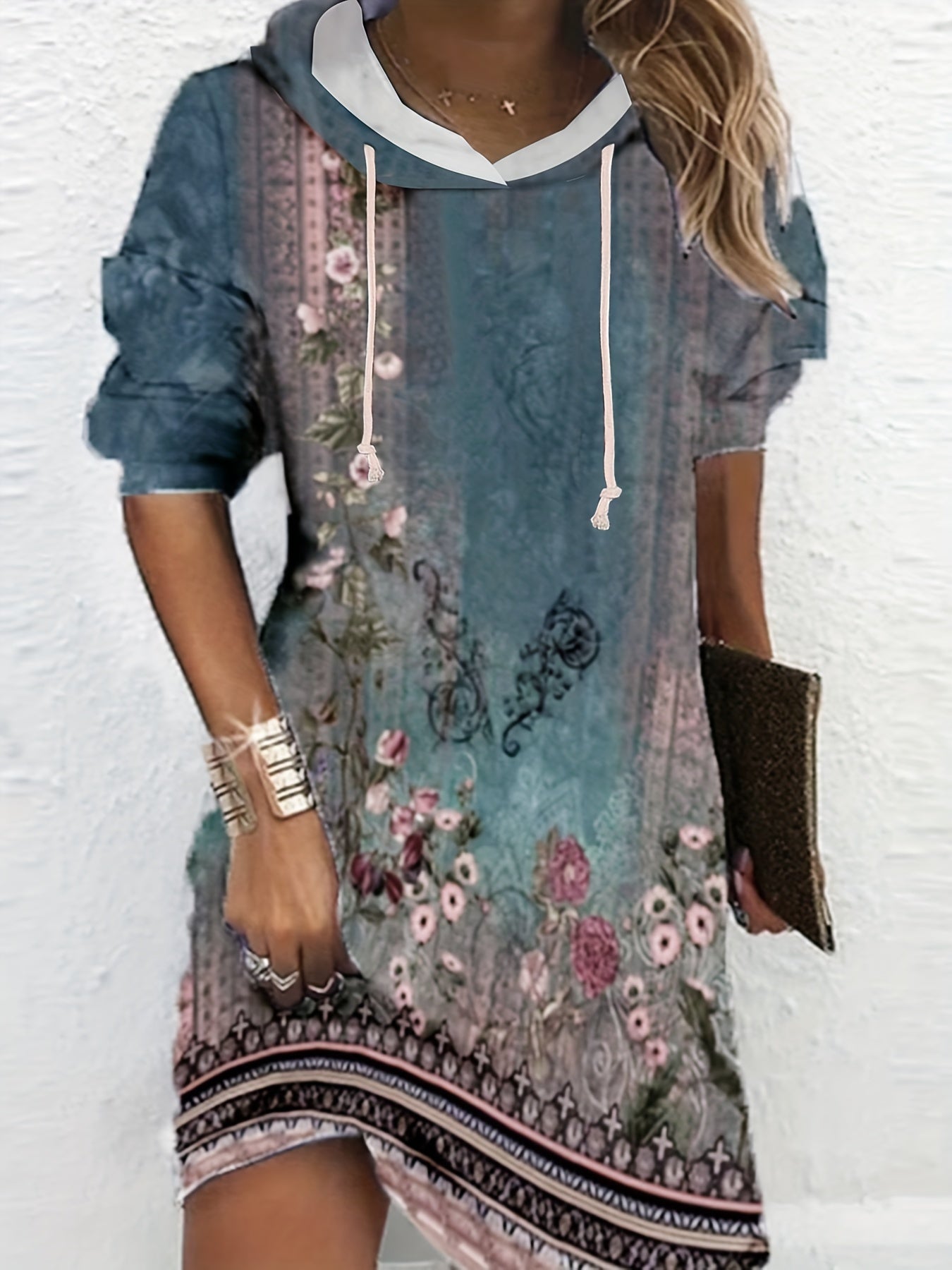 Floral Print Long Sleeve Hoodie Dress