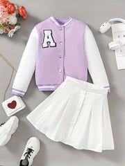 Girls 2pcs Baseball Jacket & Short Skirt Letter A Appliques Decor
