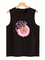 Butterfly & Floral Print Sleeveless Sports Vest Round Neck
