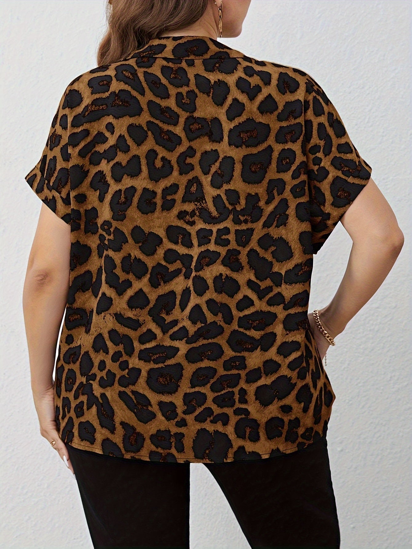 Women's Plus Leopard Button Up Bat Sleeve Blouse