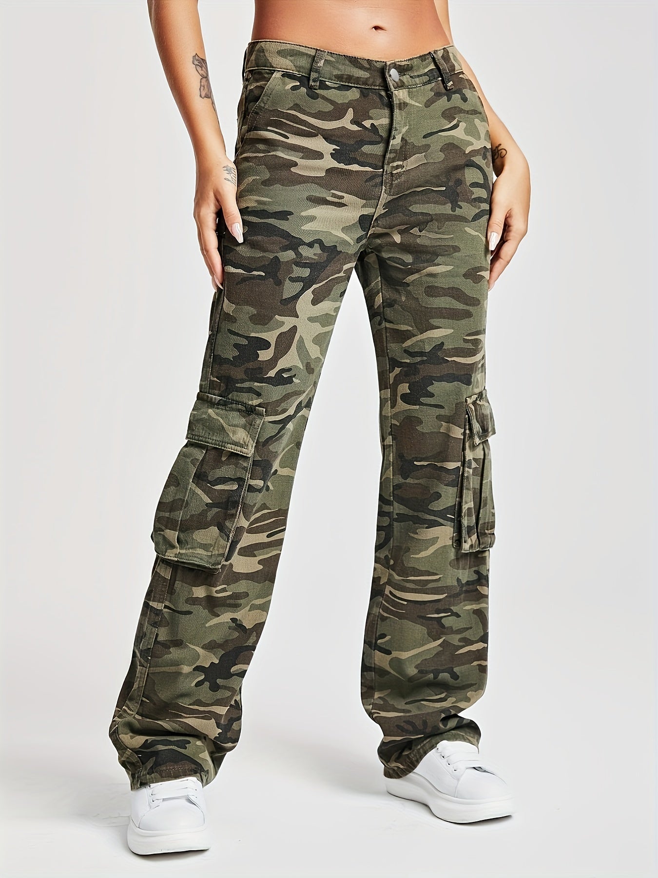 Camo Flap Pockets Straight Jeans High Waist Loose Fit Cargo Denim Pants