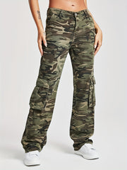 Camo Flap Pockets Straight Jeans High Waist Loose Fit Cargo Denim Pants