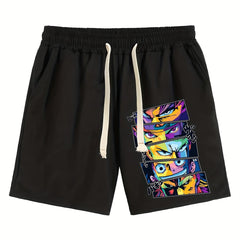 Anime Print Men's Casual Shorts Drawstring Waist Breathable Comfy Summer