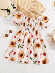 Girls Sunflower Print Princess Dress Kids Summer Clothes