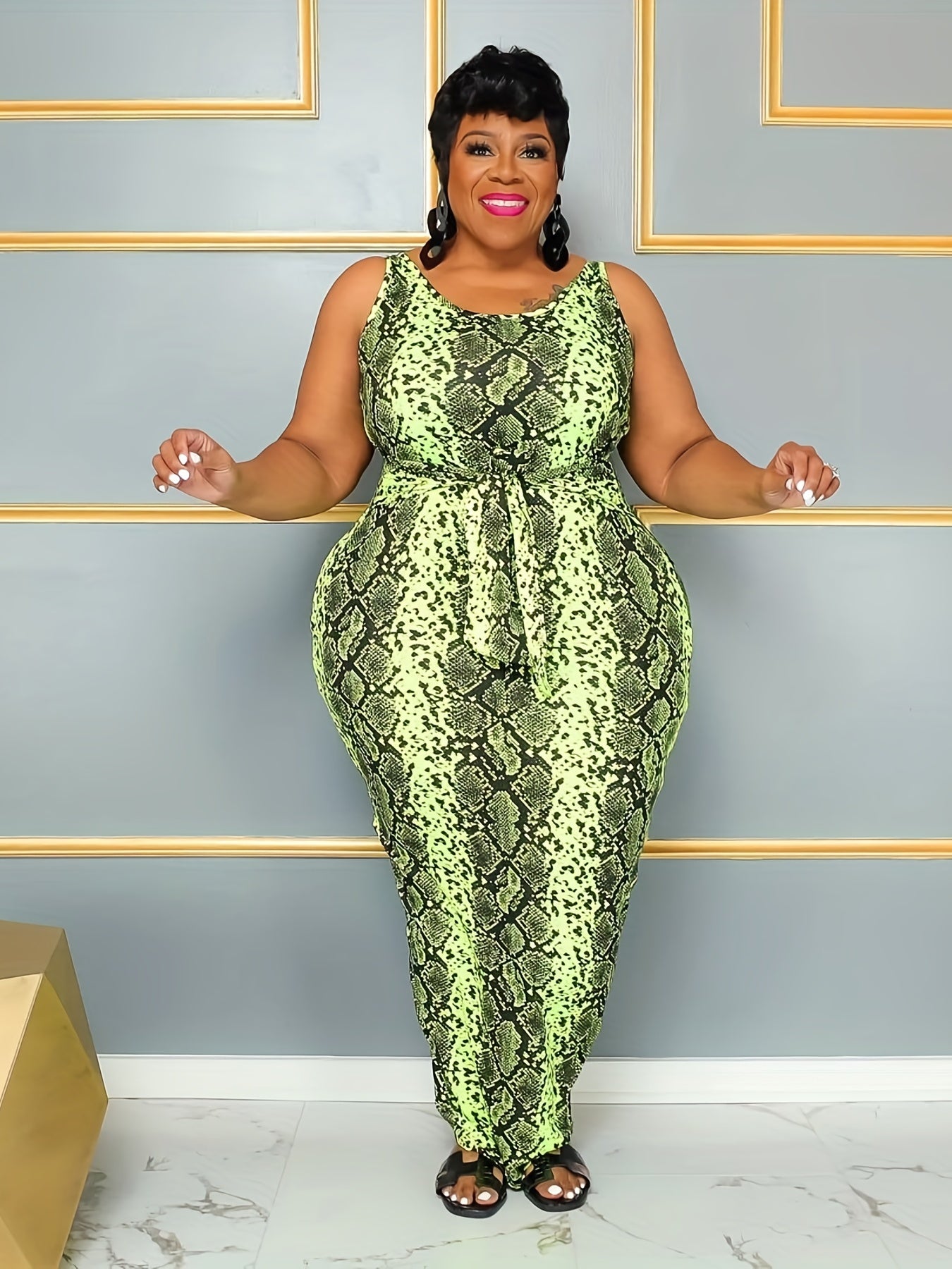 Snake Skin Print Round Neck Maxi Tank Dress