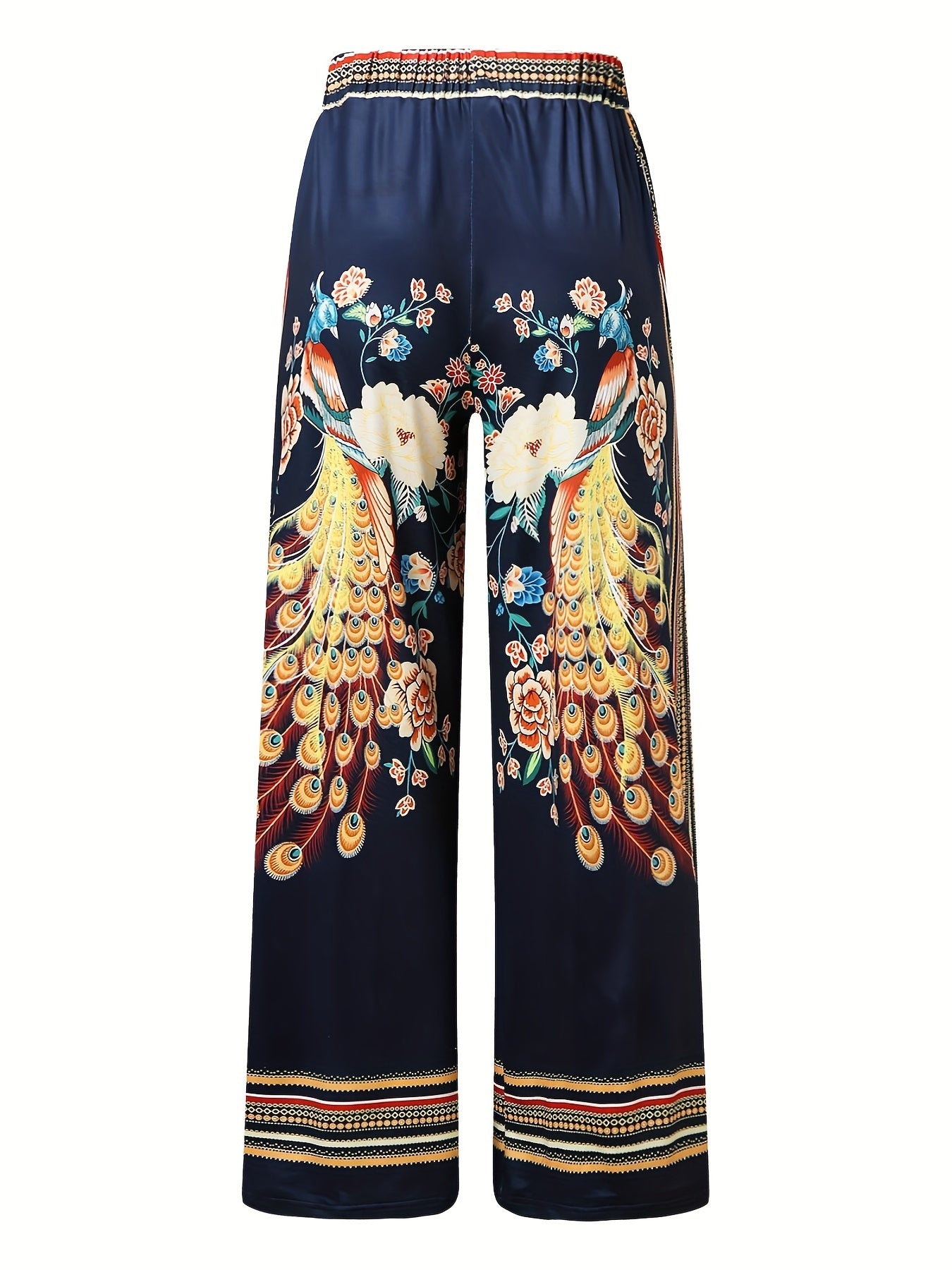 Peacock Print Wide Leg Pants Retro Drawstring Palazzo Pants