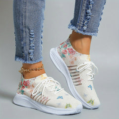Women's Breathable Sock Sneakers Floral & Butterfly Print Lace Up Running Shoes