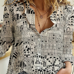 Casual Blouse Women's Plus Allover Print Long Sleeve Button Up Top